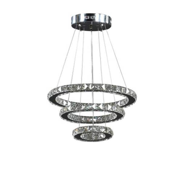 3 Light Integrated LED Silver Triple Hoop Crystal Chandelier with Remote, Dimmable and Adjustable Height for Dining Room