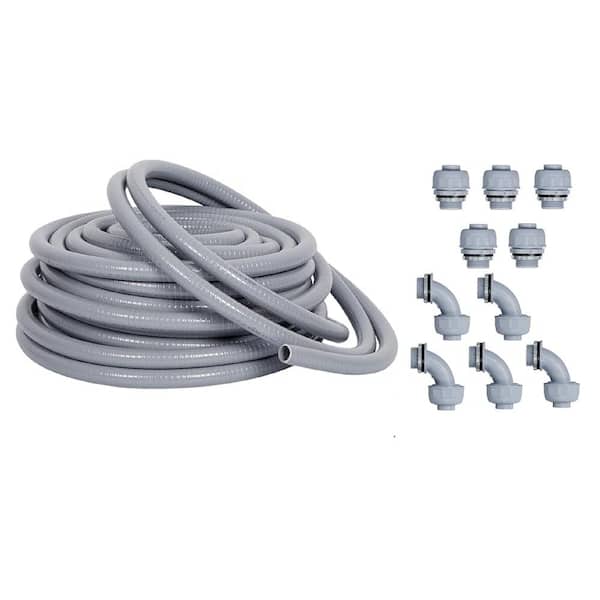 Vrbgify 1/2 in. x 25 ft. Electric Non-Metallic Pure PVC Liquid Tight Conduit with 5-Straight and 5 90° Connector Fittings
