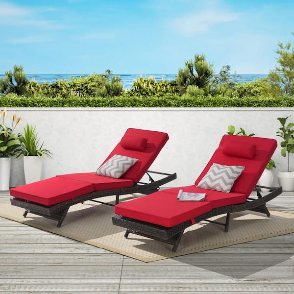 Cesicia (Set of 2) Brown Rattan Wicker Outdoor Chaise Lounge with Red Cushions