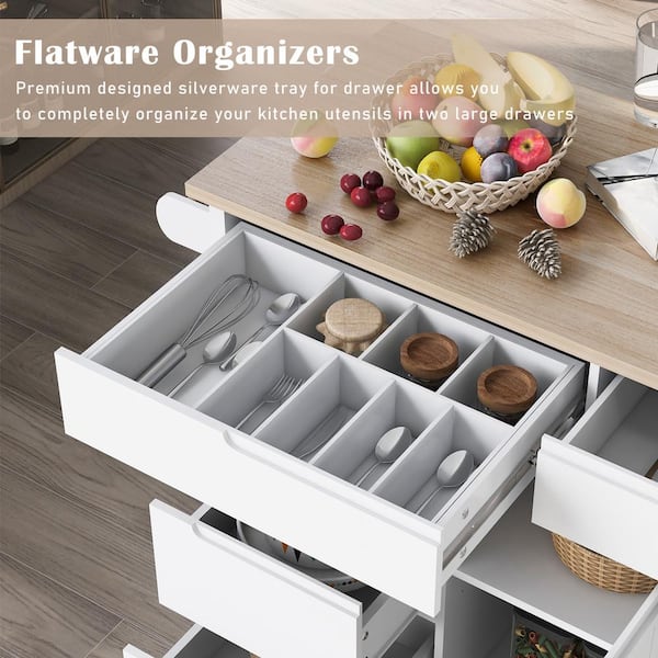 White Wood 53.1 in. Kitchen Island on 5-Wheels with Storage Cabinet and 3-Drawers for Dinning Room LH-705