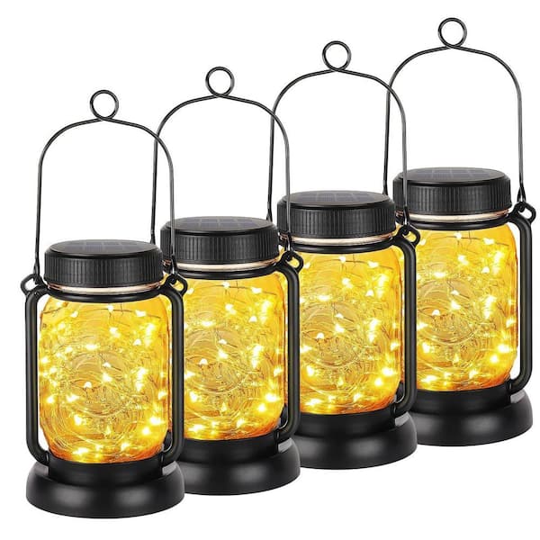Outdoor Waterproof Solar Mason Jar Fairy String Lights Decorative, 4-Pack Solar Hanging Lantern with Stakes