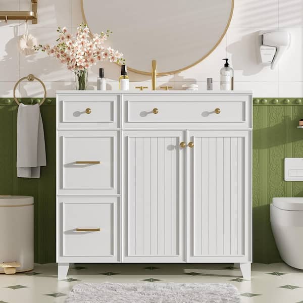 36 in. White Bathroom Vanity with Ceramic Top Sink, Modern Bathroom Storage Cabinet with Adjustable Shelves