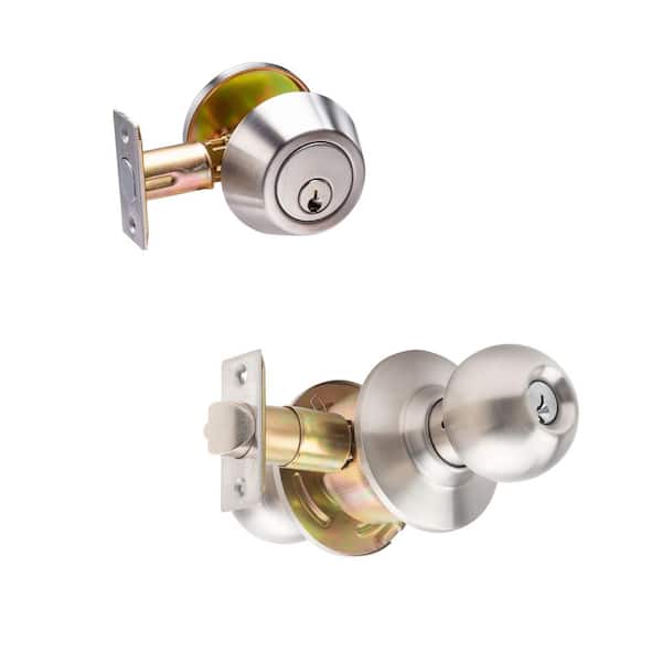 ECB Stainless Steel Grade 3 Cylindrical Entry Door Knob 2-3/8 in Backset Lockset and Single Cylinder Deadbolt Combo Pack