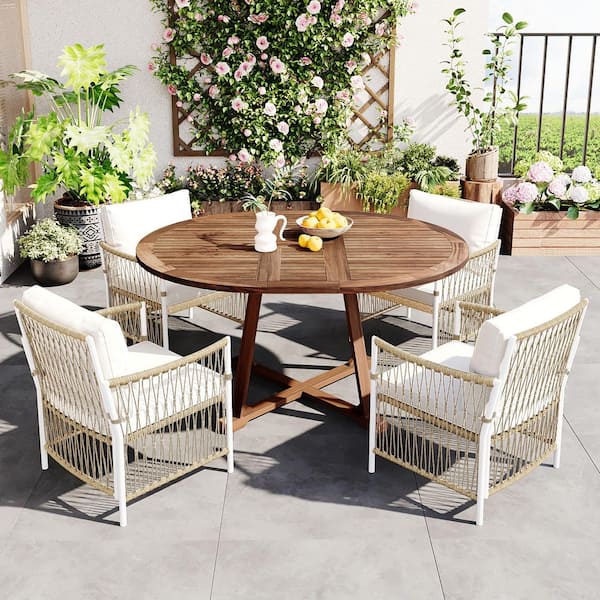 Cesicia Black Frame 5-Piece Cast Aluminum Market Outdoor Dining Set with Umbrella Hole and Random Color Cushion