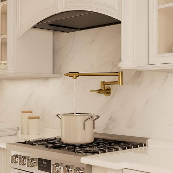 26.4 in. Wall‑Mounted Pot Filler Kitchen Faucet with Dual Handles, 360° Swivel Foldable Spout in Brushed Gold