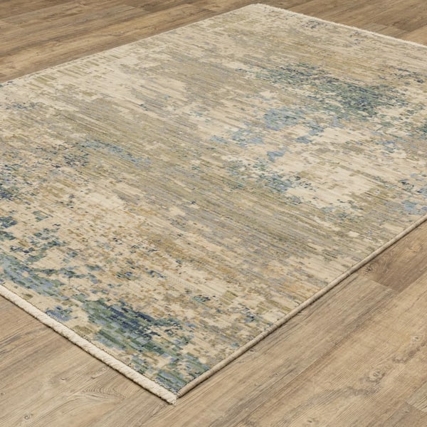 Solano Beige/Blue 10 ft. x 13 ft. Modern Abstract Wool Nylon Blend Fringe-Edge Indoor Area Rug