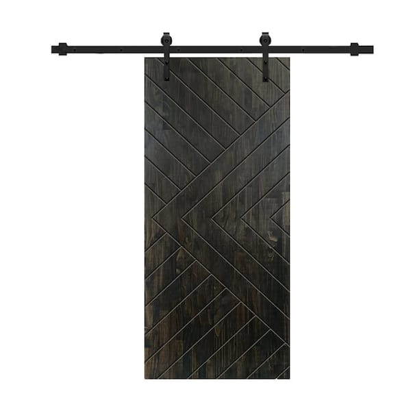CALHOME Chevron Arrow 24 in. x 80 in. Fully Assembled Charcoal Black Stained Wood Modern Sliding Barn Door with Hardware Kit