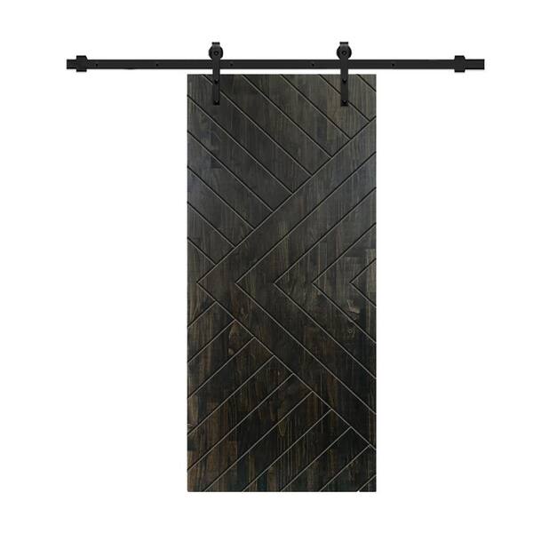 CALHOME Chevron Arrow 34 in. x 84 in. Fully Assembled Charcoal Black Stained Wood Modern Sliding Barn Door with Hardware Kit