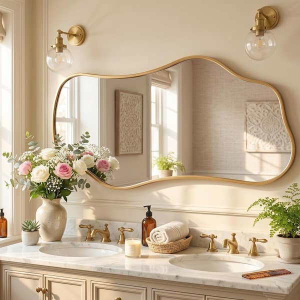 47 in. W x 22 in. H Gold Aluminum Alloy Framed Irregular Wall Mirror