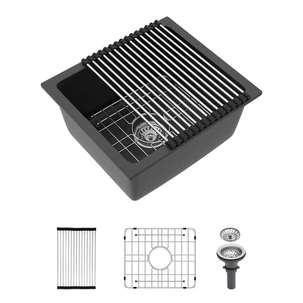 18 in. Quartz CompositeUndermount Single Bowl Bar Kitchen Sink in Black with Bottom Grid