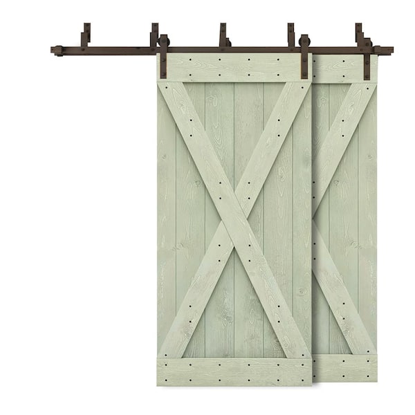 CALHOME 44 in. x 84 in. X Bypass Sage Green Stained DIY Solid Wood Interior Double Sliding Barn Door with Hardware Kit