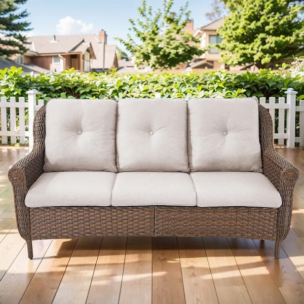 Chryswirl Metal and Brown Wicker Patio Outdoor 3-Seat Sectional Couch Sofa with Olefin Beige Cushions