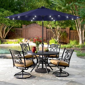 9 ft. Solar Lighted LED Outdoor Patio Market Table Umbrella in Navy Blue, UV-Resistant Canopy and Tilt Button