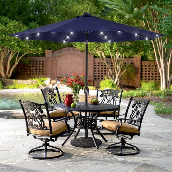 Sonkuki 9 ft. Solar Lighted LED Outdoor Patio Market Table Umbrella in Navy Blue, UV-Resistant Canopy and Tilt Button