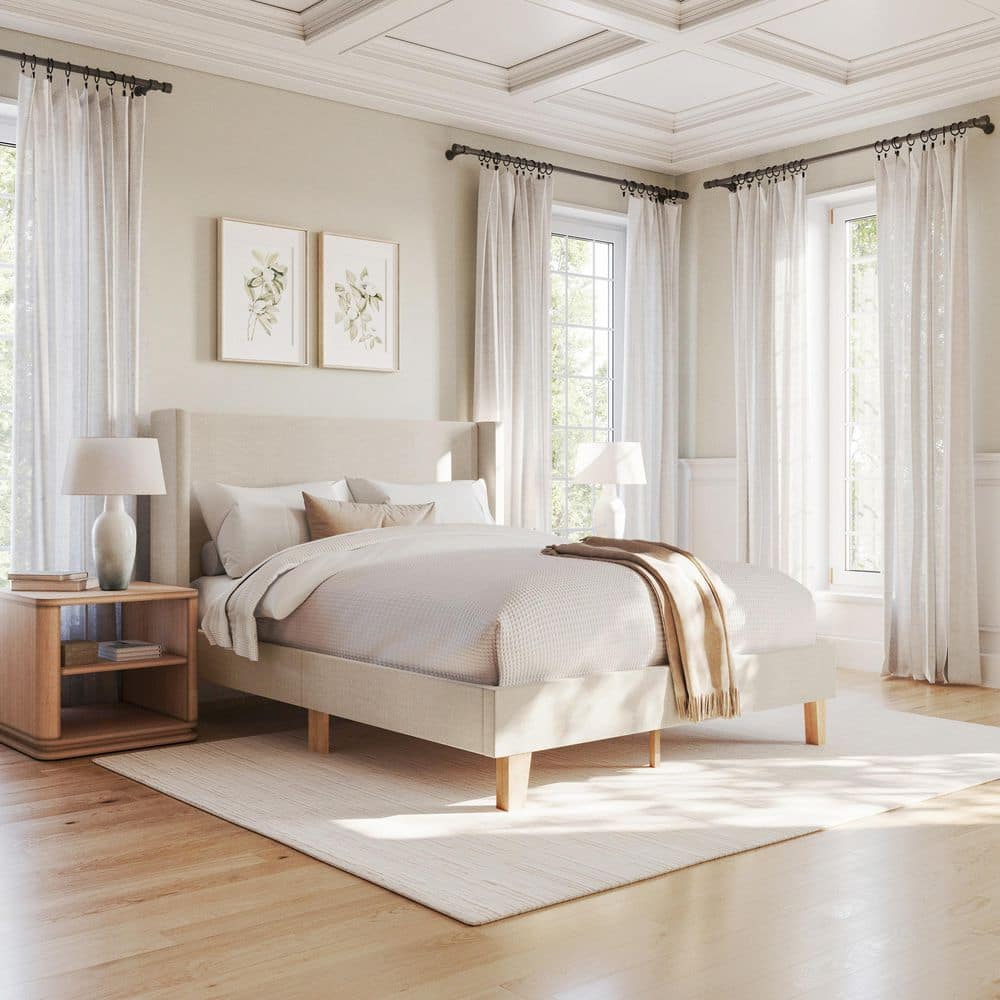 Maisie Beige Wood Frame Queen Platform Bed with Wingback Headboard and Cushioned Siderails, Wood Slat Foundation price history on PriceWatchPro