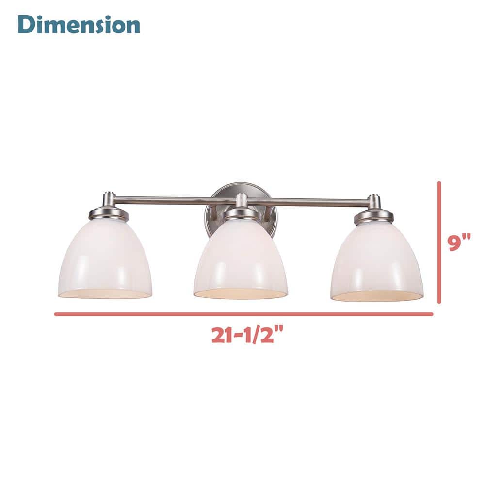 Brushed Nickel 3-Light Vanity Light with White Glass Shades