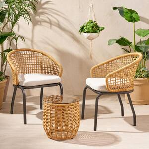 Arias Light Brown 3-Piece Faux Rattan Patio Conversation Seating Set with Beige Cushions