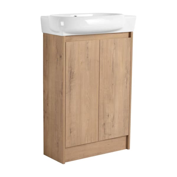 23 in. x 12.4 in. Wall-Mounted Natural Oak Bath Vanity with White Round Ceramic Sink Top, Soft-Close Door (Unassembled)