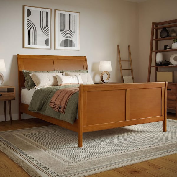 AFI Valencia Light Toffee Natural Bronze Solid Wood Frame Full Low Profile Sleigh Platform Bed with Matching Footboard