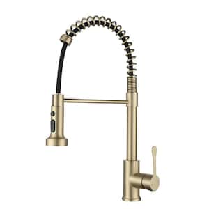 Single Handle Pull Down Sprayer Kitchen Faucet with Gooseneck in Brushed Gold