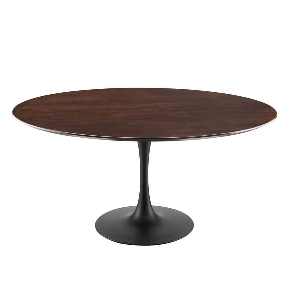 60" Round Cherry Walnut Wood Dining Table with Black Pedestal Base
