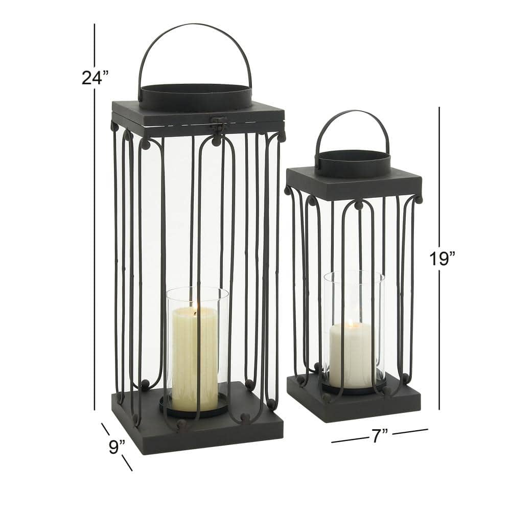 Elegant Matte Black Tin and Glass Hanging Candle Lanterns, Set of 2