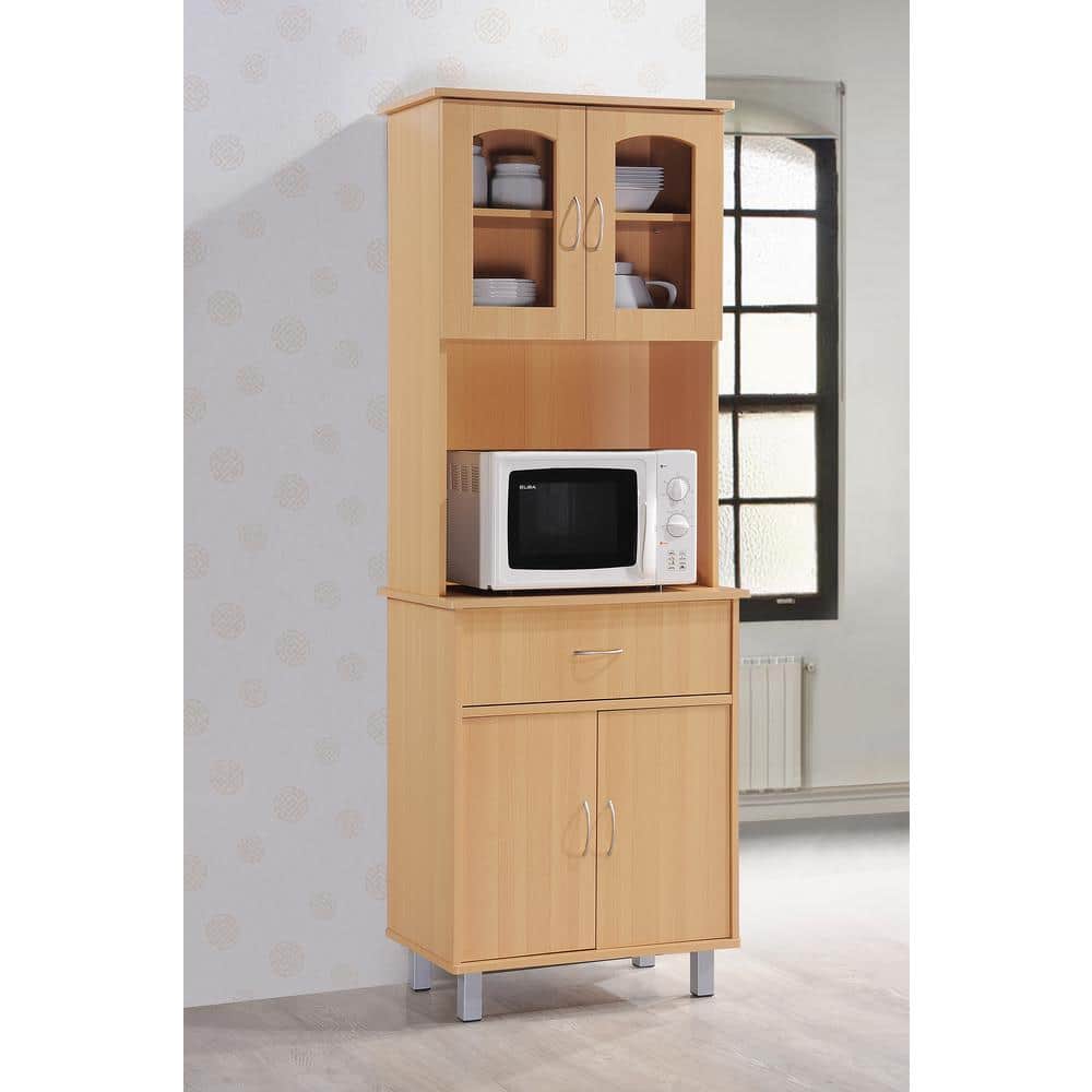 Elegant Cherry Wood Kitchen China Cabinet with Microwave Shelf and Storage