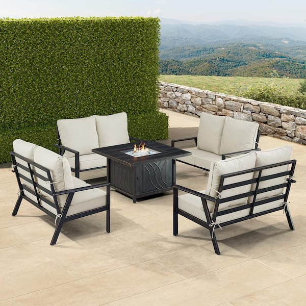 Oakland Living Black 6-Piece Aluminum Patio Fire Pit with 4-Deep Seating Loveseat Light Grey Cushions