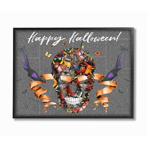 11 in. x 14 in. "Happy Halloween Butterfly Skull with Ravens and Ribbon" by Artist Fab Funky Framed Wall Art