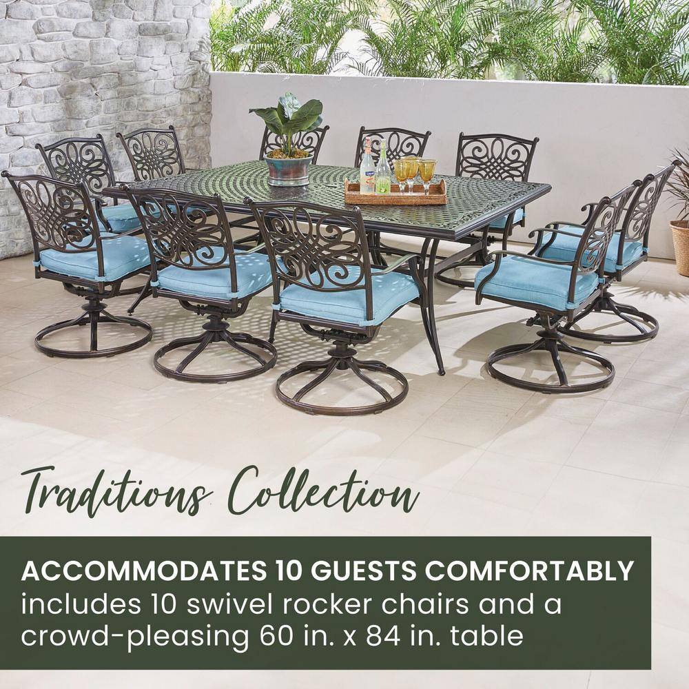 Traditions 11-Piece Blue Cushioned Cast Aluminum Outdoor Dining Set