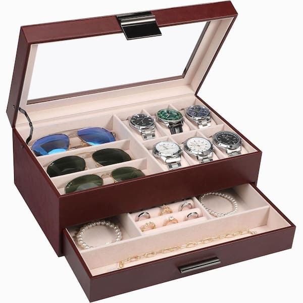 Unbranded 2-Layer PU Leather Watch and Jewelry Organizer Box, Unisex Storage Case, Brown, 13.3 in. x 8.3 in. x 5.1 in.