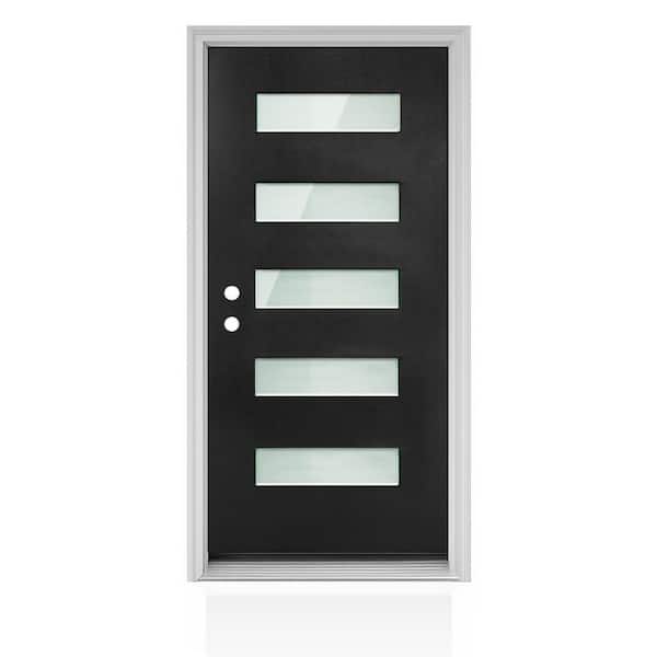 36 in. x 80 in. Right-Hand 5 Lite Frosted Glass Black Modern Prehung Exterior Fiberglass Front Door with Brickmould