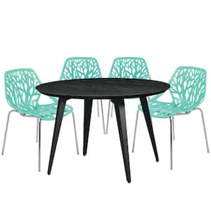 Ravenna 5-Piece Dining Set with 4-Stackable Plastic Chairs and Round Table with Metal Base, Mint