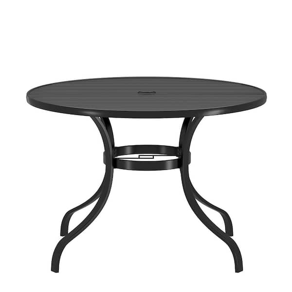 Clihome Modern Round Patio Dining Table for 4 with Umbrella Hole, Rust-Resistant Iron Slat Top, Ideal for Outdoor