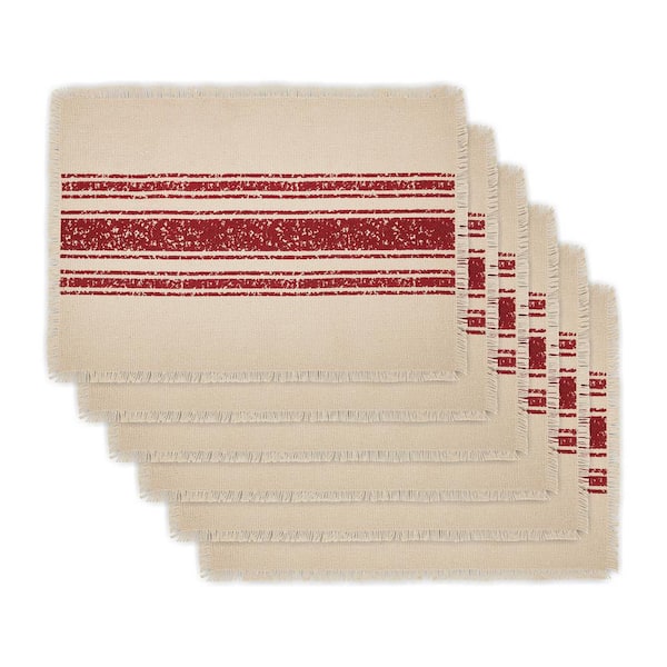VHC BRANDS Yuletide 19 in. W. x 13 in. H Creme Red Striped Cotton Burlap Placemat Set of 6