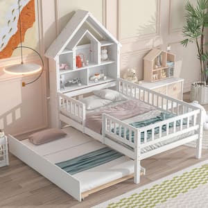 White Wood Frame Twin Size Platform Bed with Trundle, House-Shaped Headboard Bed with Fence Guardrails for Kids