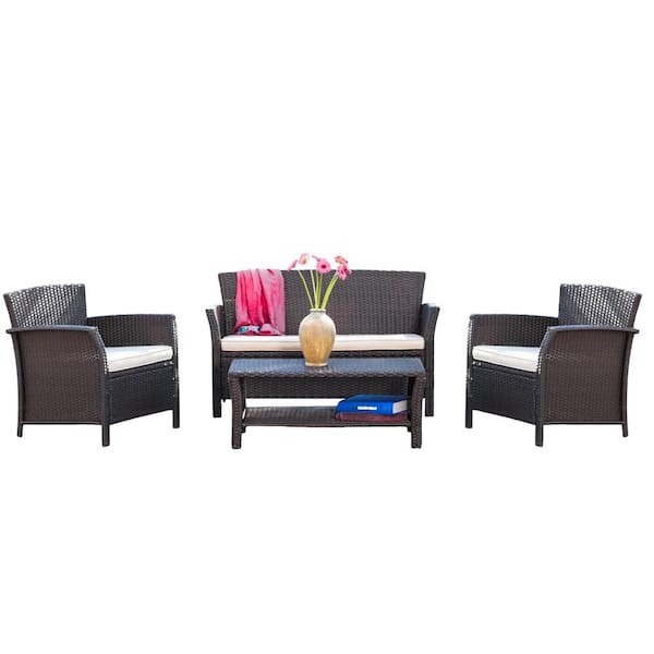Santa Lucia Brown 4-Piece Faux Rattan Outdoor Patio Conversation Set with Beige Cushions