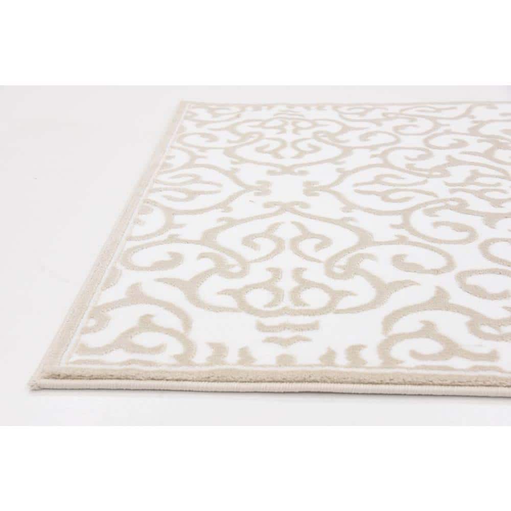 Snow White and Beige Floral Synthetic Runner Rug