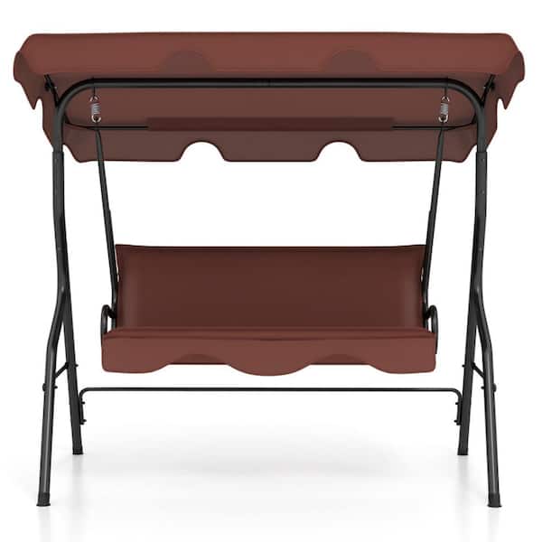Mondawe Brown 3-Person Metal Patio Porch Swing Chair with Removable Cushion & Convertible Canopy