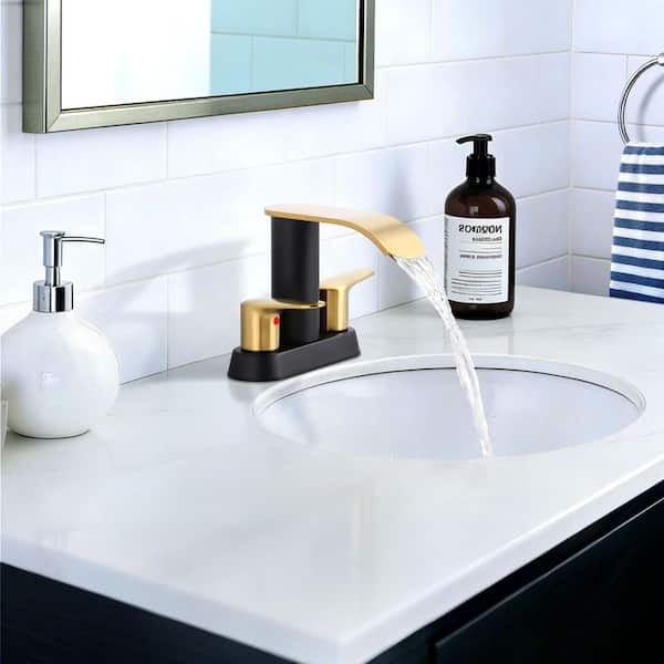 4 in. Centerset Double Handle Mid Arc Bathroom Waterfall Faucet with Drain Kit Included in Black and Gold