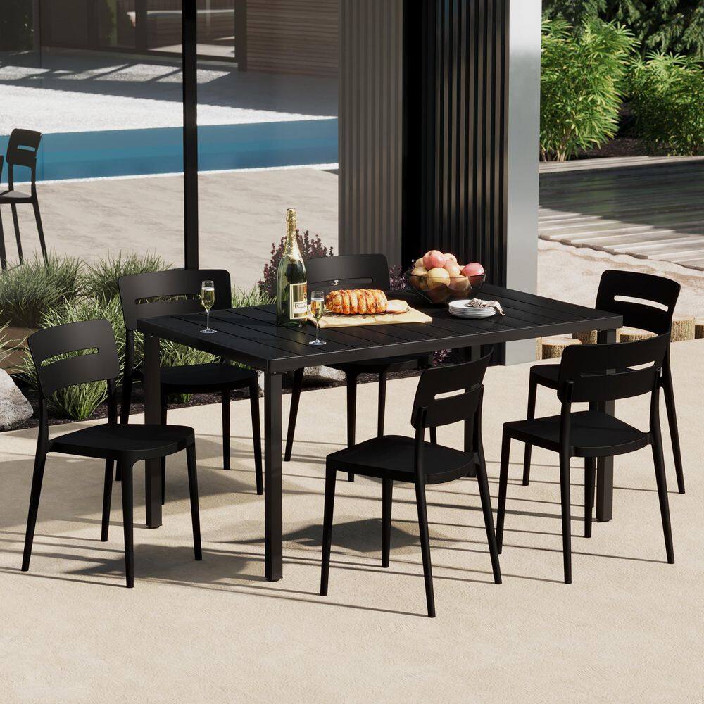 Frond and Form Outdoor Patio Modern 7-Piece Rectangular Steel Table, 6 Stackable HDPE Plastic Chairs Dining Set, Black