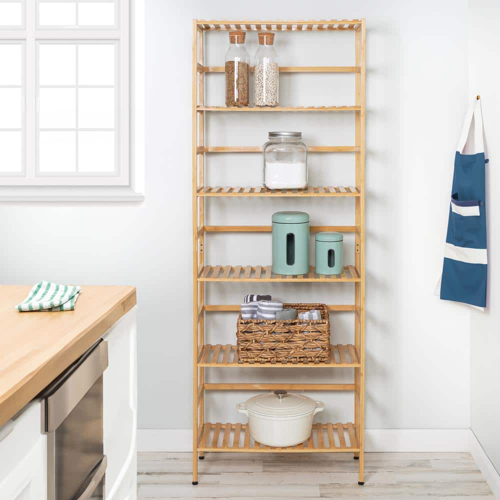 Natural Bamboo 6-Tier Adjustable Bookshelf, 64" Tall