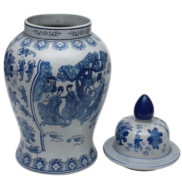 Oriental Furniture 11 Inch Ladies top Blue and White Porcelain Vase,