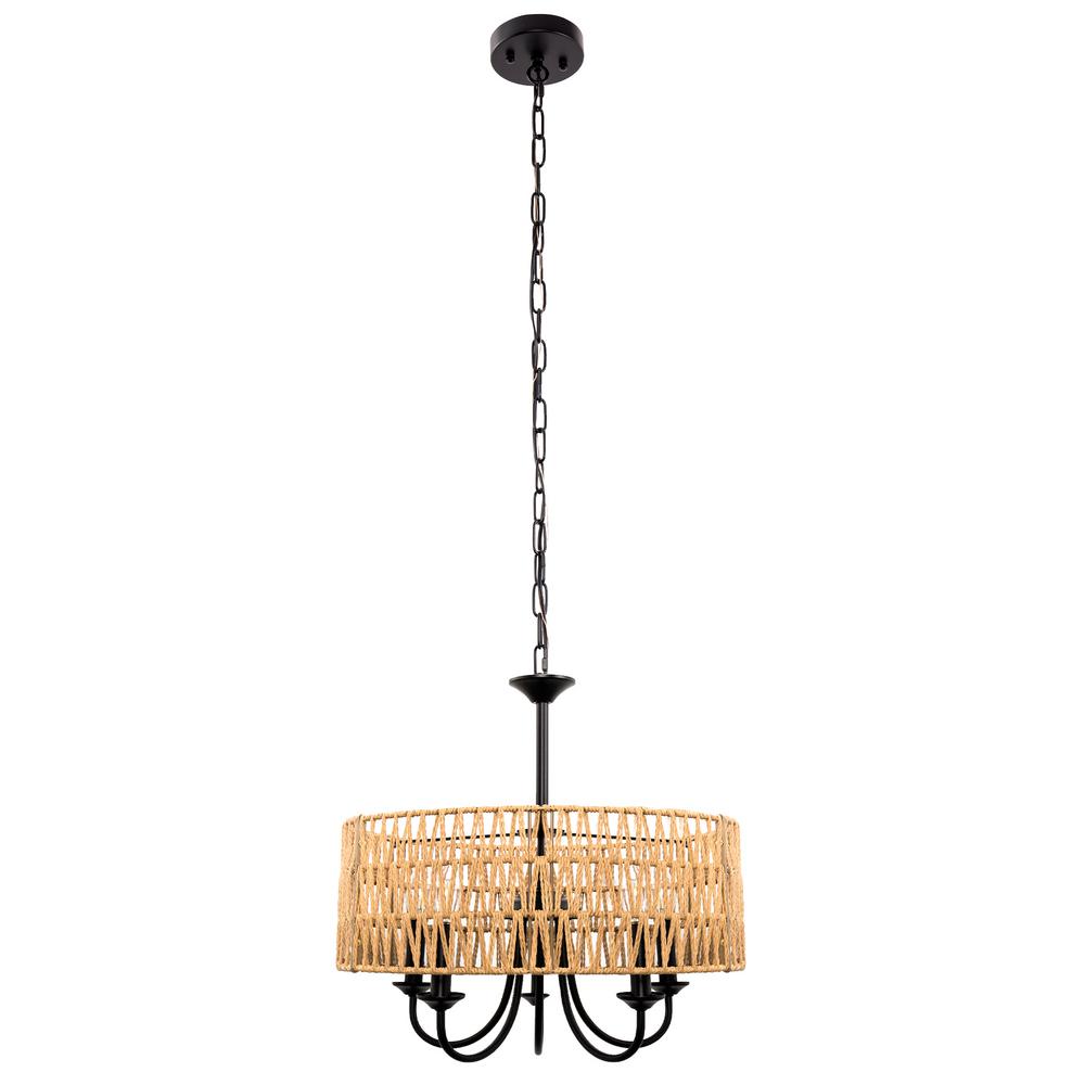 Briignite 5-Light Brown Rattan Drum Chandelier, Modern Farmhouse