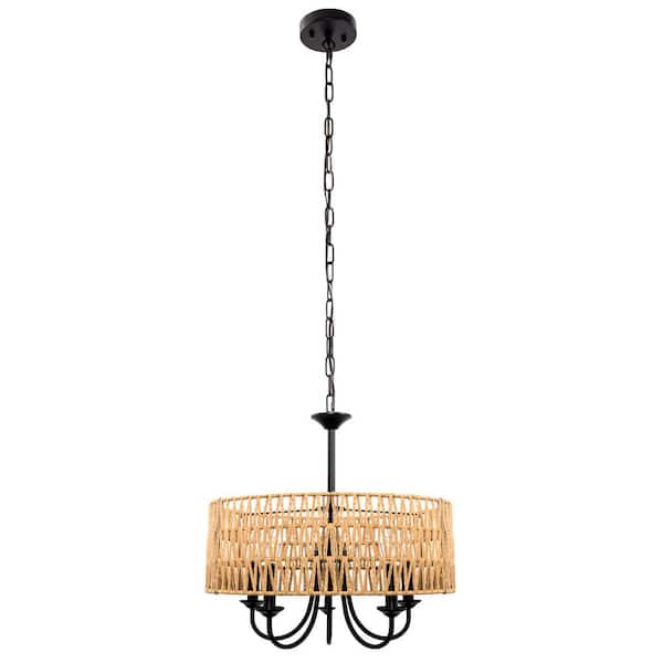 Briignite 5-Light Modern Farmhouse Rattan Pendant Light, Brown Woven Drum Chandelier for Dining Room