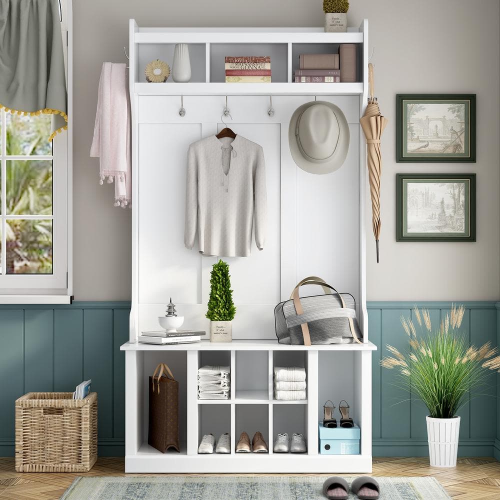 White Solid Wood Hall Tree with Storage and Hooks