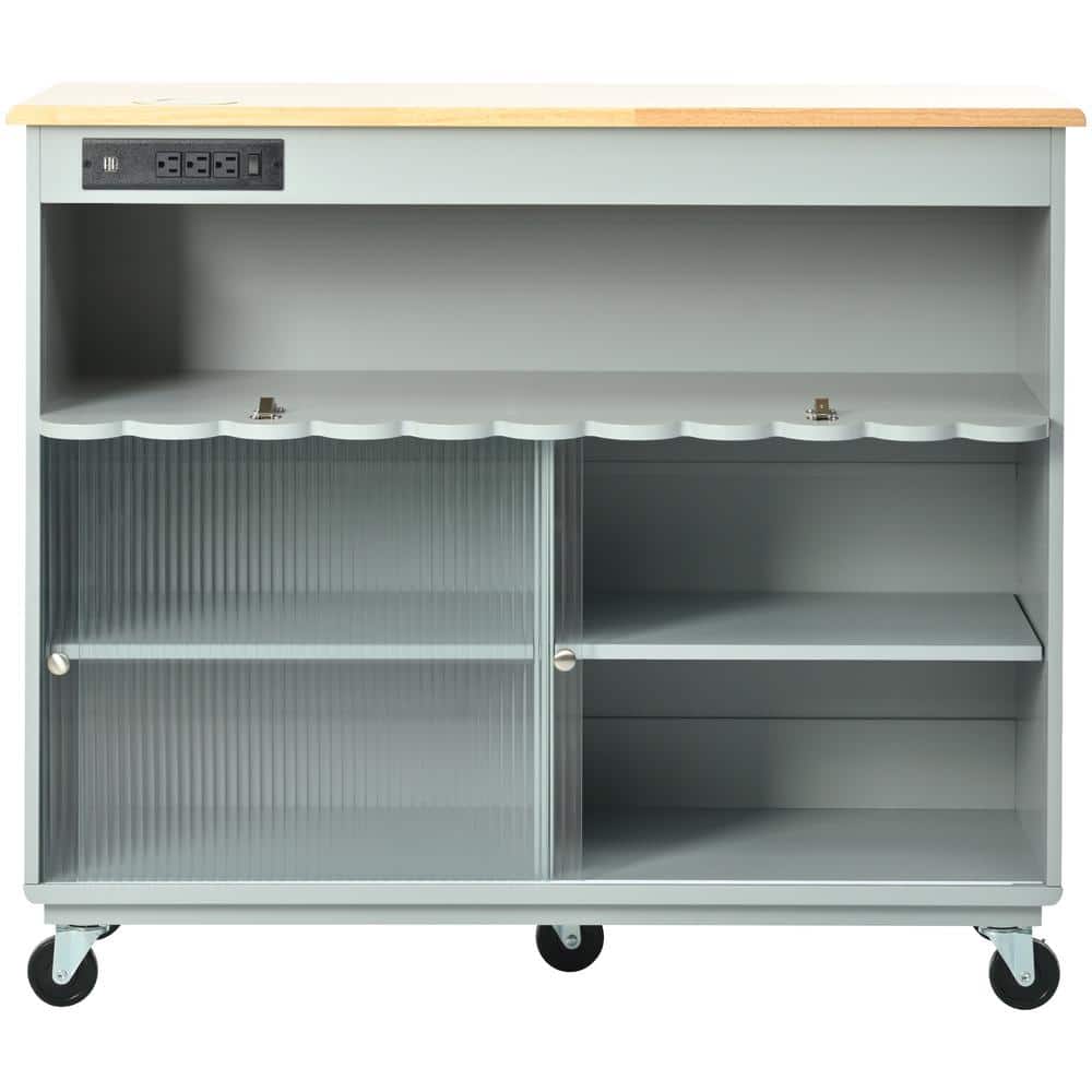 JimsMaison Grey Blue Rubberwood Kitchen Cart with Drop Leaf, Internal Storage Rack, Sliding