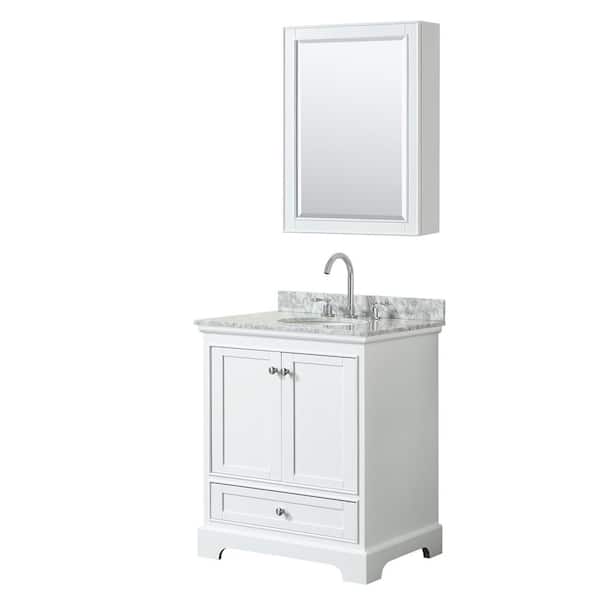 Wyndham Collection Deborah 30 in. Single Vanity in White with Marble Vanity Top in White Carrara with White Basin and Medicine Cabinet