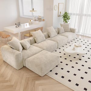 181 in. W Square Arm Corduroy Velvet U-Shaped Free Combination Sofa with Ottoman in Beige