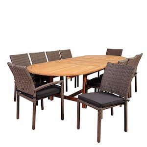 Jameson 11-Piece Teak/Wicker Double Extendable Oval Patio Dining Set with Grey Cushions